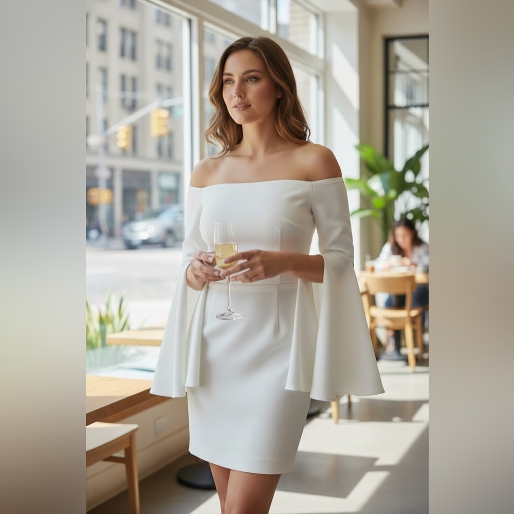 Elegant Off the Shoulder White Dress with Long Cascading Sleeves